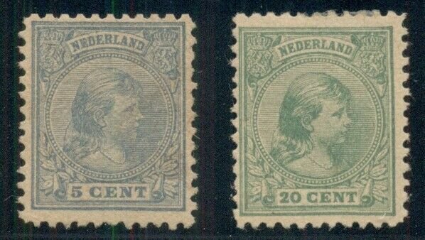 NETHERLANDS #41 & 46 5¢ & 20¢ WILHELMINA PROOFS on heavy ungummed paper,