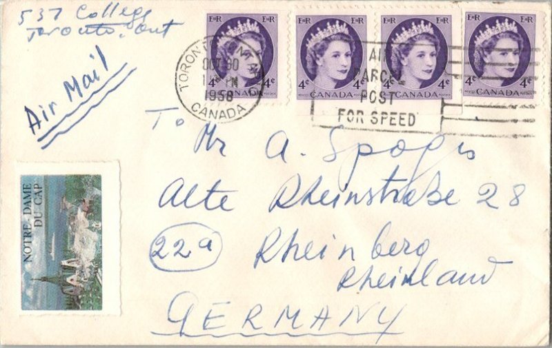 Canada 4c QEII Wilding (4) 1958 Toronto, Ontario Canada Airmail to Rheinberg,...