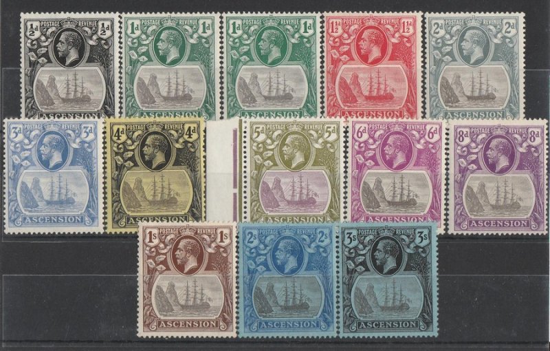 ASCENSION 1924 KGV Ship set ½d to 3/-, inc extra 1d shade. MNH **