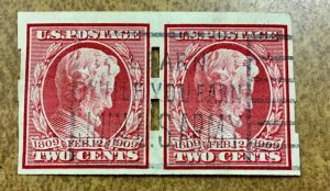 Scott 368 imperf Lincoln  Schermack Type Ill Used Pair Private Vending coil 1909