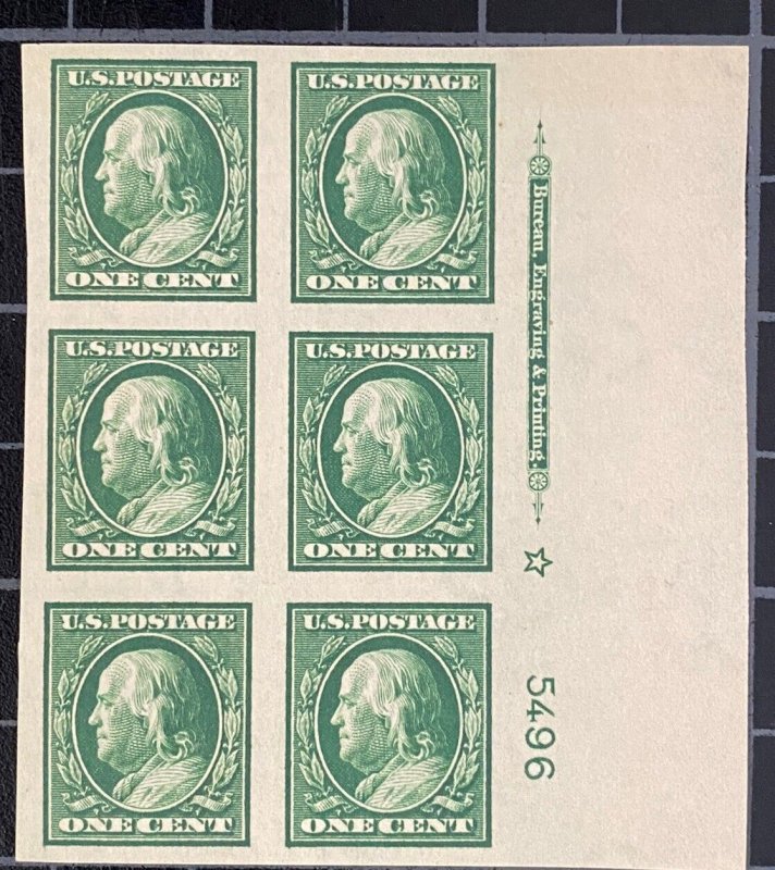 US Stamps - SC# 383 - MOG NH - Plate Block Of 6 w Imprint & Star - SCV -  $80.00