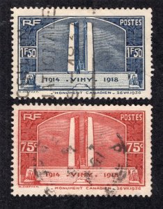 France 1936 Set of 2 Canadian War Memorial, Scott 311-312 used, value = $11.50