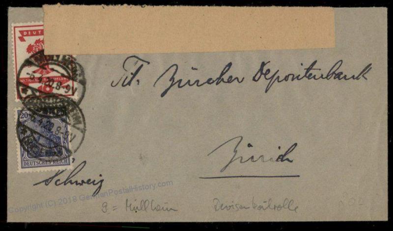 Germany 1920 Officially Opened Mullheim 9 Censor Tape Inflation Cover Zuri 72650
