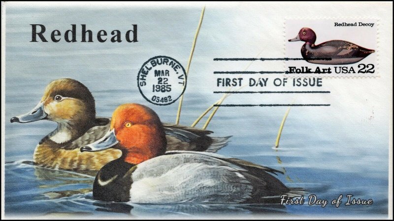 AO-2141, 1985, Duck Decoys, Redhead, Add-on Cachet, First Day Cover, SC 2141