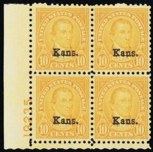 668, Mint VF/XF NH 10¢ Kansas GEM Plate Block * Stuart Katz