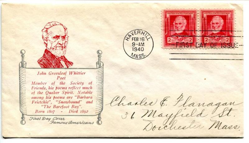 865 - 15b 2c Pr. Famous American John Whittier Holland FDC