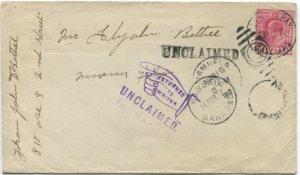 1912 Bahamas cover with HATCHET BAY cds (7i) and UNCLAIMED h/s (X3)