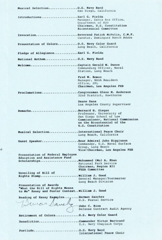 US Constitution B. C. 2nd Day Ceremony Prog #2421 Bill/Rights Long Beach Naval