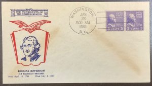 842 Fidelity cachet Thomas Jefferson Line Pair Coils Prexie Series FDC 1939