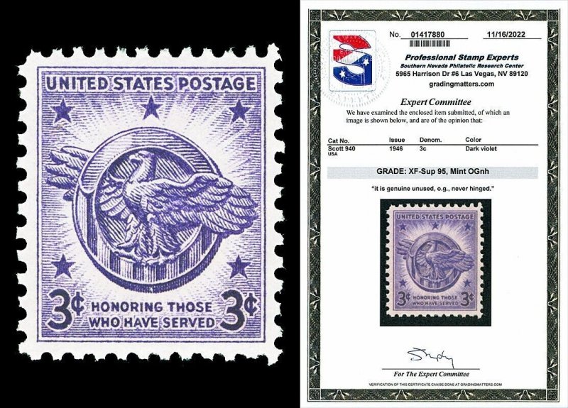 Scott 940 1946 3c WWII Veterans Issue Mint Graded XF-Sup 95 NH with PSE CERT!