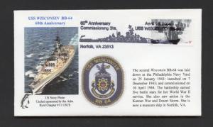 NAVAL COVER - USS WISCONSIN BB 64 - 60th ANNIVERSARY OF LAUNCH