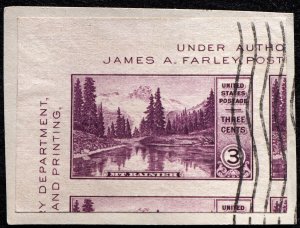 U.S. Used Stamp Scott #750 3c Mt Rainier (on piece), Superb Jumbo. Likely 100J.