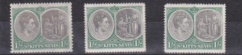 ST KITTS  1938 - 50  S G 75 + 75B + 75C   3 X 1/-  VALUES  LMH 