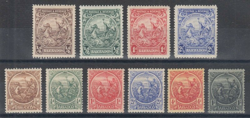 Barbados Sc 152/170 MLH. 1921-26 issues, 10 better singles, fresh, F-VF group