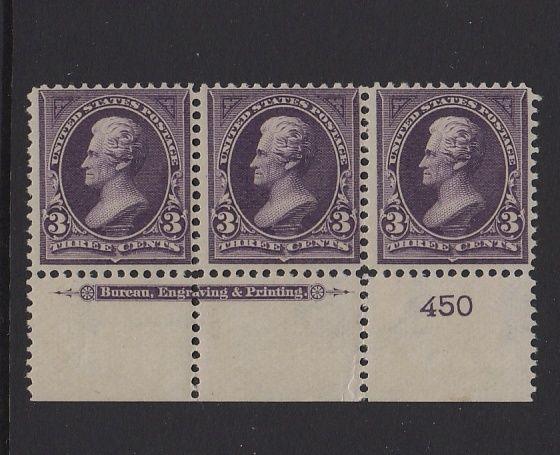 1895  Sc 268 purple 3c MNH plate number & imprint CV $400