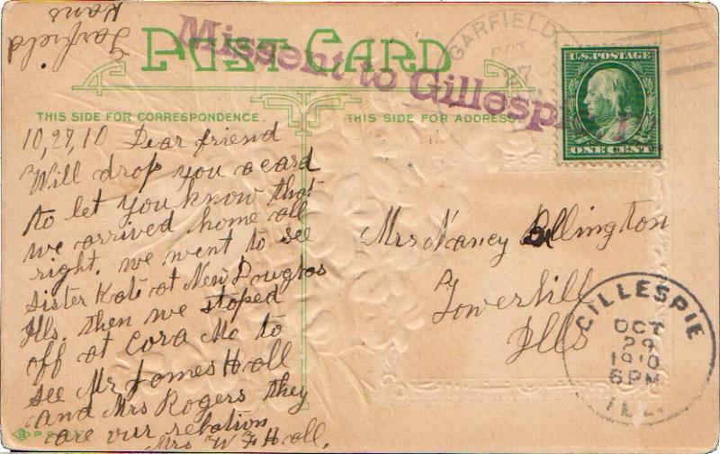 United States Illinois Missent to Gillespie, Ill. 1910 violet sl  PC.
