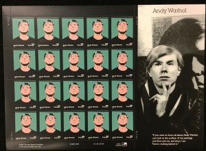  3652   Andy Warhol  Artist    MNH 37¢ sheet of 20.    Issued in 2002.