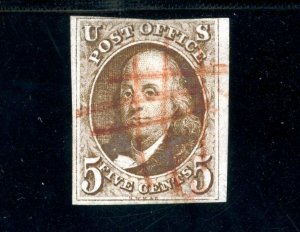 USAstamps Used FVF US 1847 Franklin Imperforate 1st Stamp Scott 1a Red Cancel