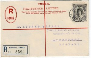 Tonga 1933 Haapai cancel on uprated registry envelope to England, SG 57e