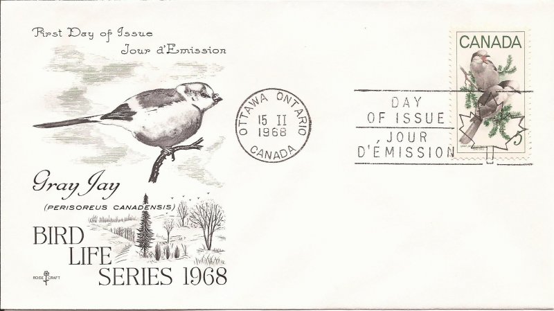 1968 Canada- FDC - RoseCraft - Sc 478 - Wildlife - Grey Jays