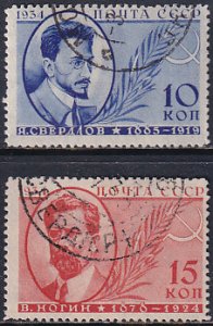 Russia 1934 Sc 531-2 Portraits Yakov M Sverdlov Victor Pavlovich Nogin Stamp CTO