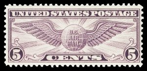 Scott C12 1930 5c Globe Airmail Flat Plate Issue Mint F-VF OG NH Cat $17.50