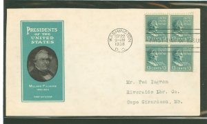 US 818 1938 13c Millard Fillmore (part of the presidential/prexy definitive series) block of four on an addressed first day cove