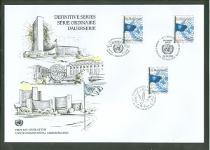 United Nations 849/414/337 2003 In memoriam of 8/19 Iraq bombing victims FDC; triple stamps and cancellations from all 3 UN loca