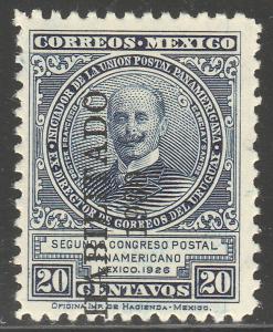 MEXICO 671, 20cents POSTAL CONGRESS, HABILITADO 1930. UNUSED, HINGED, OG. F-VF.