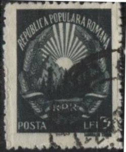 Romania 698D (used) 3L arms, greenish black (1948)