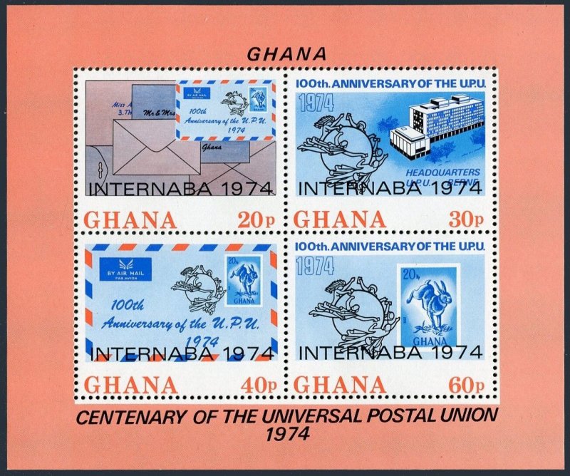 Ghana 521-524,524A, MNH. Mi 556-559, Bl.56A. UPU-100. INTERNABA 1974. Cape hare,