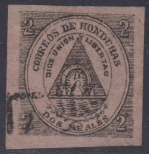 HONDURAS 1865 COAT OF ARMS Sc 2 TOP VALUE WELL PERFORMED FORGERY USED (CV$250) 