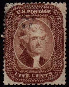 $US Sc#29 used, fine, type I, brown, tiny thin, light cancel, CV. $350