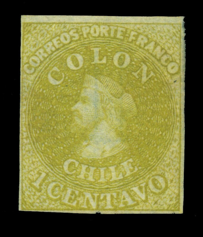 CHILE 1862  COLUMBUS  1c lemon yellow  Scott # 11  mint MH VF