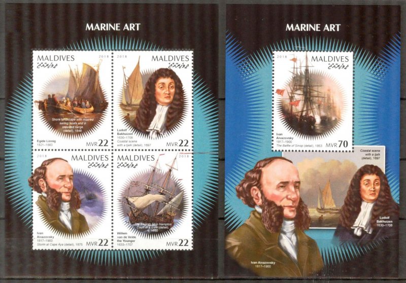 Maldive Islands 2018 Marine Art Paintings Ships sheet + S/S MNH