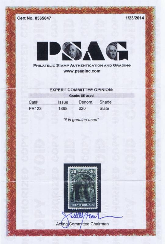 SCOTT# PR123 USED 20 DOLLAR LIGHT CANCEL, 1898. GRADE 85 PSAG CERT.  NICE!