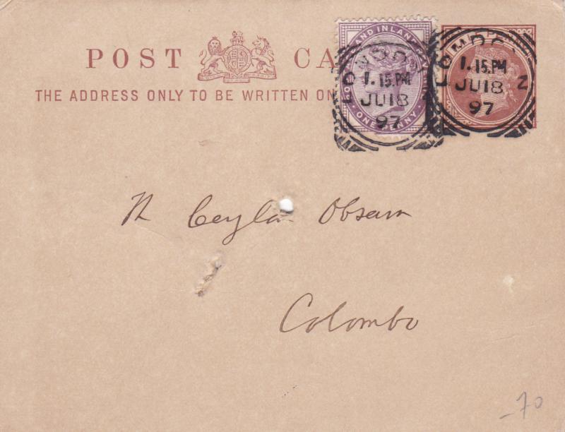 london 1897 to colombo  stamps card ref r15261