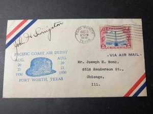 1930 USA Airmail Cover Fort Worth TX to Chicago IL John H Swingston Signed