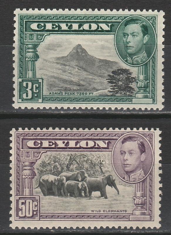 CEYLON 1938 KGVI PICTORIAL 3C AND 50C PERF 13 X 11.5 