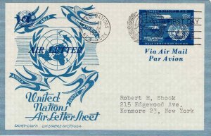 United Nations 1952 FDC Sc UC1 10c Air Letter Sheet Staehle Cachet New York