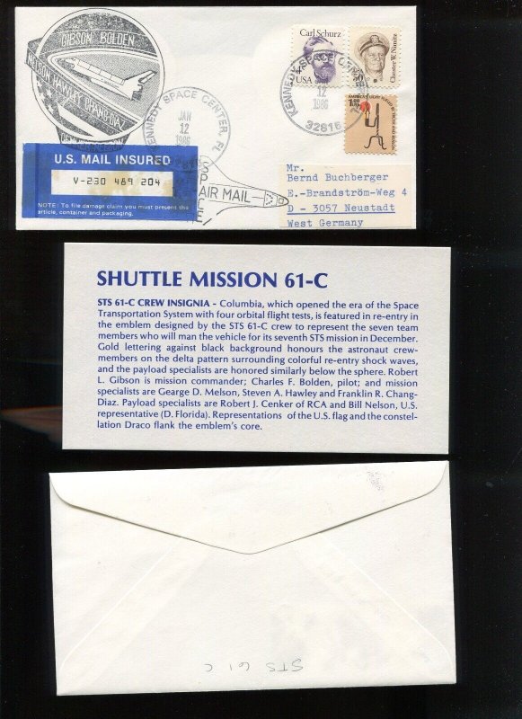 SHUTTLE 61-C MISSION INSURED COVER MAILED TO WEST GERMANY JAN 12 1986 HR1873