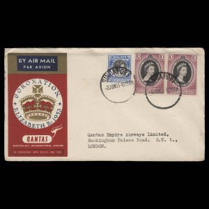 Singapore 1953 Coronation Qantas Airways first day flight cover ✔️