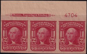 #320A Mint NH, XF, Plate number strip of 3, imprint (CV $100 - ID46067) - Jos...