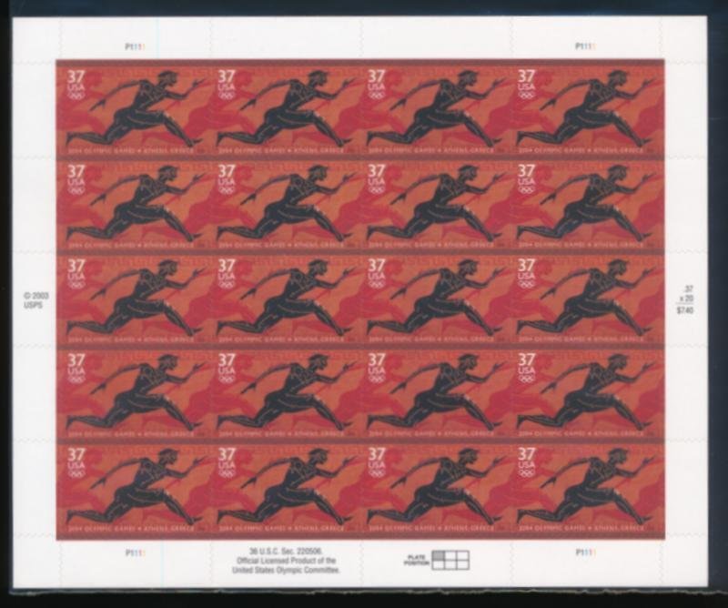 UNITED STATES (US) 3863 37c OLYMPICS MINT NH SHEET OF 20