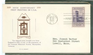 US 857 1939 3c Printing/300th anniversary on an addressed (typed) FDC with a Grandy cachet