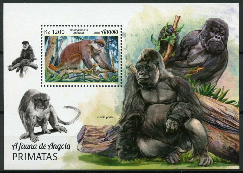 Angola 2018 MNH Primates Red-Tailed Monkeys Gorillas 1v M/S Wild Animals Stamps