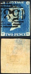 1840 2d Deep Full Blue (TE) 1844 Postmark (thin) Cat 2000 pounds