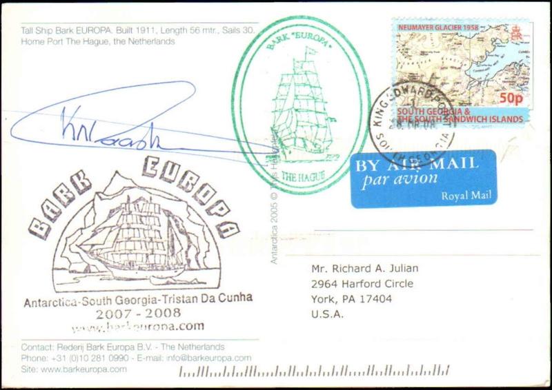 2008 SOUTH GEORGIA SHIP BARK EUROPA POSTCARD ANTARCTIC TOUR + SIGNED