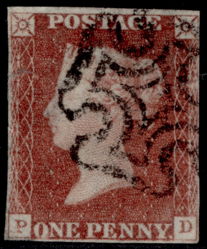 GB QV SG7, 1d red-brown BLACK PLATE 10, USED. Cat £200. PD
