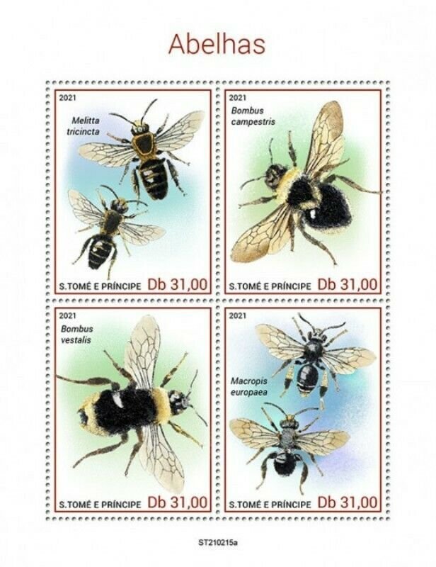 St Thomas - 2021 Bees, Blunthorn, Bumblebee - 4 Stamp Sheet - ST210215a 